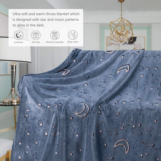 Image Title Glow in The Dark Throw Blanket, Moon and Stars Soft Warm Cozy Fuzzy Plush Blanket for Kids Teenage Boys Girls Women Best Friend Birthday Christmas